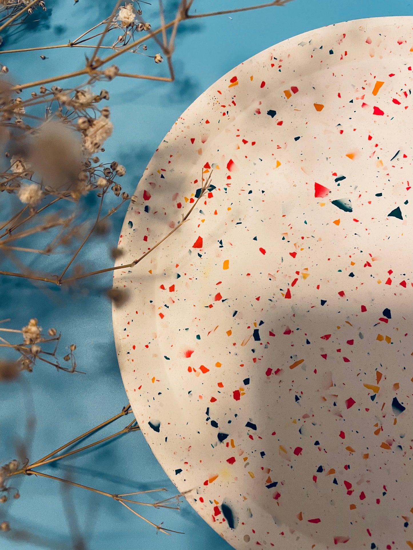 Large Ridged Round Tray- red accent terrazzo